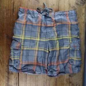 OP OCEAN PACIFIC GREY YELLOW ORANGE PLAID BOARD SHORTS MENS SIZE LARGE